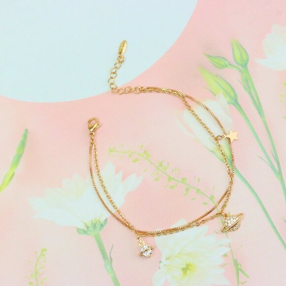 "Rose Gold Double Layer Anklet with Planet and Star Charms, XPAL1049 - Picture 4 of 13